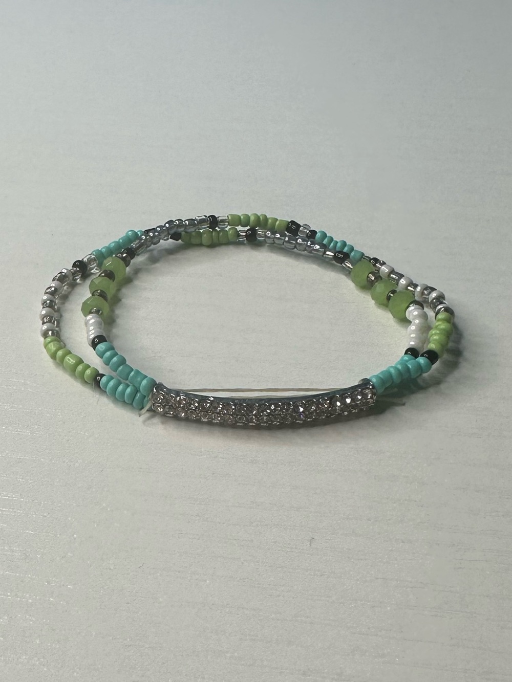 🛍️BUNDLE DEAL🛍️ - Green & Turquoise Beaded Stretch Bracelet with Silver Pavé Bar